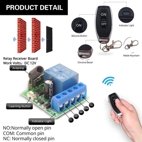 433MHz Universal Wireless Remote Control Switch Kit For 12V DC 1 Channel RF Relay Receiver Module Includes 5 Transmitters EV1527 Learning Code Remote System With Stable Signal Great Range Through Walls And Doors, receiver board and remote detail