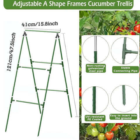 Foldable A Frame Garden Trellis For Cucumber Beans And Vines In Raised Beds Yard Ready Outdoor Green 15x47 Inches With Plastic Coated Steel Core Includes 17 Stakes 8 Wire Connectors 2 A Frame Connectors And Bird Net with dimensions and material details.