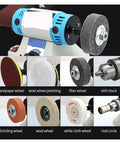 Rock Solid 750 Watt Desktop Belt Sander And Multifunction Engraving Machine With Stepless Speed Control showing various grinding and polishing wheels.