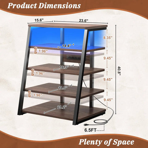 Rock Solid AV Media Stand With Zero Stress Assembly And Five Tier Adjustable Shelves For Stereo Racks And Compact Entertainment Centers dimensions illustration