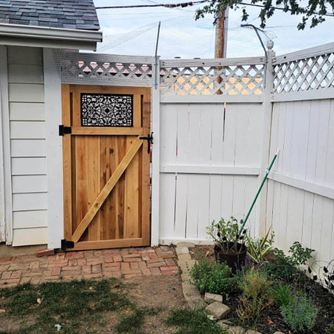 Wooden gate with Heavy Duty Gate Hinges 6 Pack Black Iron 3.5 Inch Swing Door Hinges For Wood Shed Barn Fence Gates Screws Included installed