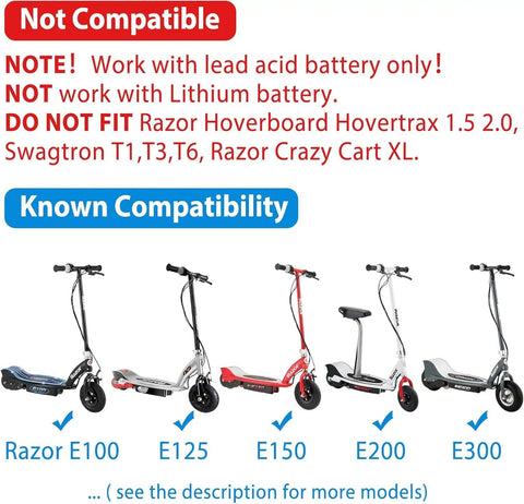 5 Razor scooter models compatible with 24V Replacement Charger For E100 E200 E300 E500 MX350 Dirt Bike Pocket Mod Motorcycle Quad ATV