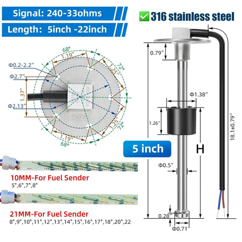 Hotshot Ready Five-Inch Fuel Sender and Gauge Kit crafted from top shelf 316 stainless steel, dimensions and details shown.