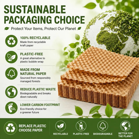Heavy Duty Honeycomb Kraft Paper Wrap Sheets For Packing And Moving 12 X 12 Inches 100 Sheets stacked on a green background.