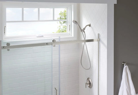Five Function Handheld Shower Head With Brushed Nickel Spot Resistant Finish in a modern bathroom setting.