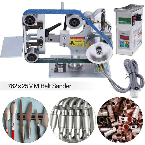 Built Like A Tank Industrial Grade Electric Belt Sander Featuring One By Thirty Inch Abrasive Belt All Steel Galvanized Frame Heavy Duty Bench Polisher And Sharpener Yields Killer Results On Every Project with 762x25MM size, metal polishing materials.