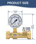 Air to Water Pressure Test Gauge 2 Inch Dial 0 to 300 Psi Leak Detector Kit showing size dimensions and components.