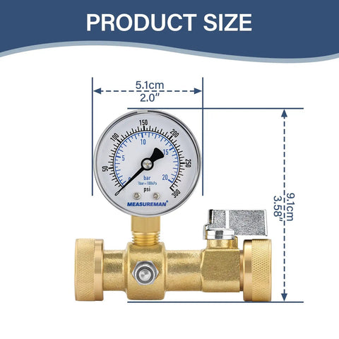 Air to Water Pressure Test Gauge 2 Inch Dial 0 to 300 Psi Leak Detector Kit showing size dimensions and components.