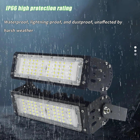 One Hundred Fifty Watt Led Tunnel Light Waterproof Outdoor Flood Lamp in rain showcasing IP66 rating and heavy-duty design.