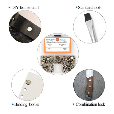 Kickass Chicago Screw Rivet Kit Seventy Five Sets For Leather Crafting And Bookbinding Heavy Duty Silver Metal Binders detail view of tools and rivets.