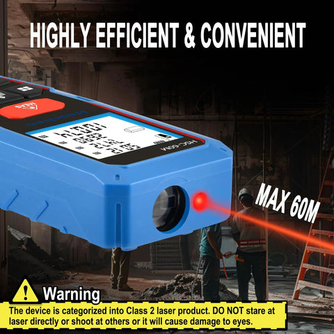 Boss Laser Distance Meter Measures 60m, blue handheld tool with LCD, laser beam for efficient distance measuring on site.