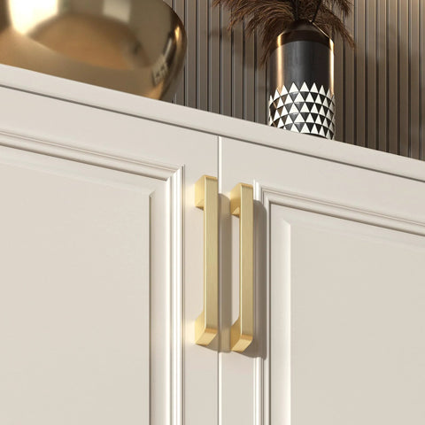 5 Inch Brushed Gold Cabinet Pulls Set Of 10 Zinc Alloy Handles Installed On White Kitchen Cabinet Doors