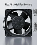 Heavy Duty EC Axial Fan Motor Retrofit Featuring Slick Dual Ball Bearings And Solid Metal Shroud Fits 115V Cold Display Cases Runs Dead Quiet For No Drama Top Shelf Cooling - top view of black axial fan with wiring.