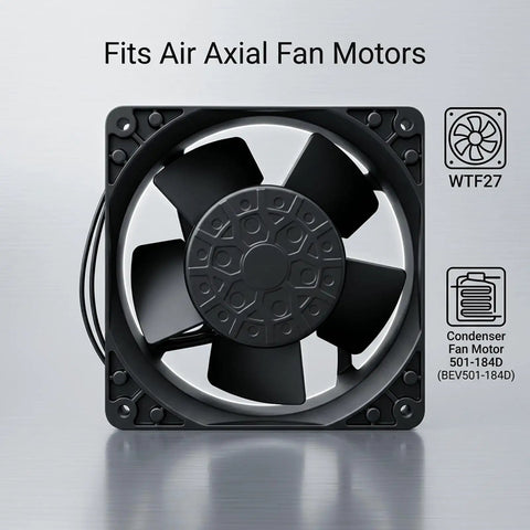 Heavy Duty EC Axial Fan Motor Retrofit Featuring Slick Dual Ball Bearings And Solid Metal Shroud Fits 115V Cold Display Cases Runs Dead Quiet For No Drama Top Shelf Cooling - top view of black axial fan with wiring.