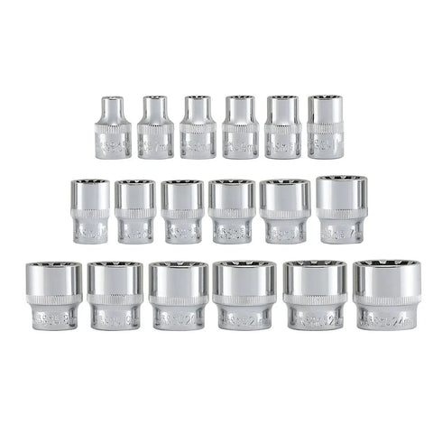 Three Eighths Drive Universal Socket Set 18 Piece Spline And SAE Metric Works On 6 Point 12 Point And Spline Fasteners Plus Square And ETorx