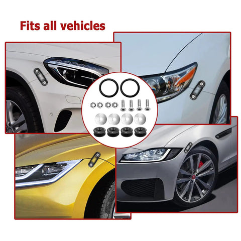 Billet Quick Release Bumper Trunk Fastener Kit installed on various car models, showcasing black aluminum construction and hardware set.