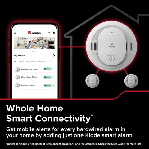 Hardwired Smart Smoke Detector With App Alerts And AA Backup To Halt False Alarms Fast And Keep You Looped In On Dangers Anywhere With Whole Home Linking For Serious Peace Of Mind displayed with mobile app showing connectivity.
