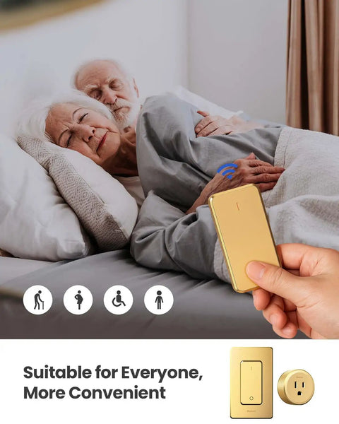 Hand holding Remote Control Outlet Plug Switch With 1500W Capacity in golden color, suitable for elderly couples.