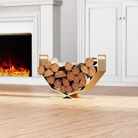 Heavy Duty Firewood Rack Built Tough For Indoor And Outdoor Use Decorative Gold Wood Holder Sturdy Alloy near fireplace