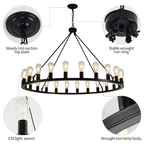 Close-up view of Rustic Wagon Wheel Swing Arm Chandelier 40 Inch 20 Light Farmhouse Ceiling Fixture with metal wheel frame details.