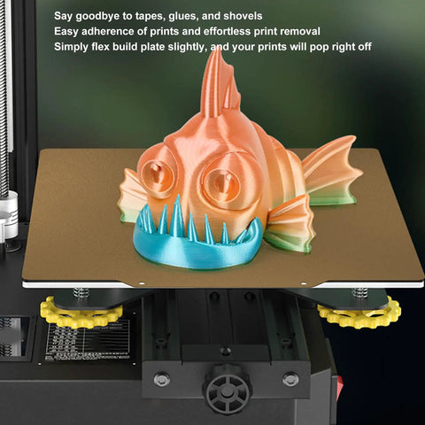 Solid Double Sided Pei Texture Spring Steel Build Plate With Magnetic Base For 3D Printers with 3D printed fish model on it