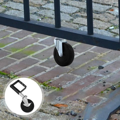 Heavy Duty Rubber Iron Caster Wheels For Metal Gates Featuring Spring Loaded Gate Support Design With Quiet Rolling Action and Smooth Glide Performance Built Tough mounted on a gate.