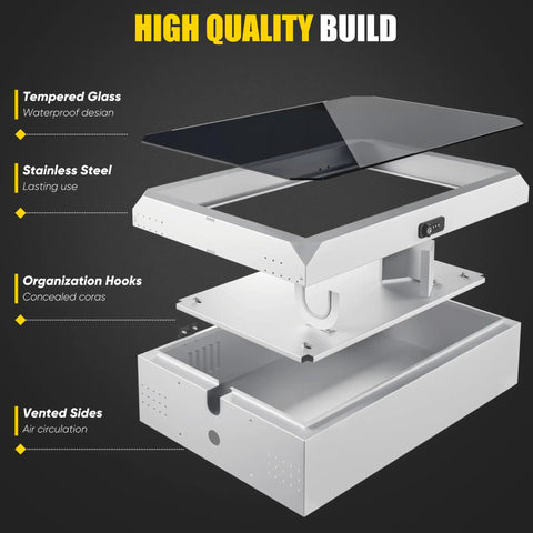 Heavy Duty Wall Mount EV Charger Cover For Outside Straight Up Weatherproof Electric Vehicle Charging Station Shell Built Tough With Key And Combination Lock Universal Tesla Fit, showing its tempered glass and stainless steel build.
