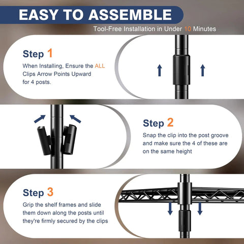 Easy assembly steps for Two Tier Wire Shelving Unit, Adjustable Heavy Duty Metal Storage Rack With Smooth Rolling Caster Wheels.