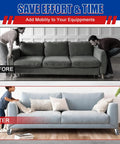 Before and after of a couch being moved, showcasing 4 Pack 5 Inch TPU Silent Shopping Cart Replacement Wheels Kit With Double Ball Bearings For Grocery Carts Heavy Duty Caster Set Non Marking Shock Absorbing Supports Up To 120 Lbs Per Wheel.