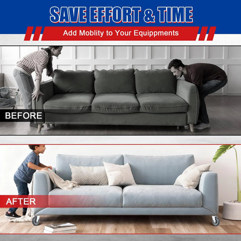 Before and after of a couch being moved, showcasing 4 Pack 5 Inch TPU Silent Shopping Cart Replacement Wheels Kit With Double Ball Bearings For Grocery Carts Heavy Duty Caster Set Non Marking Shock Absorbing Supports Up To 120 Lbs Per Wheel.