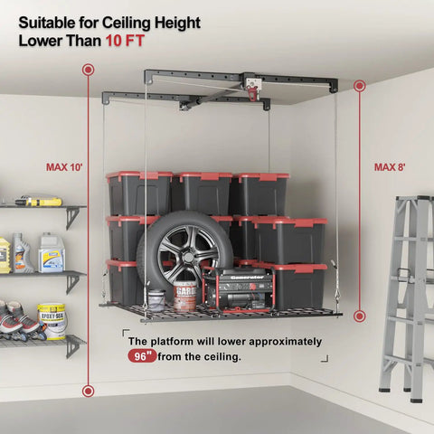 Straight-Up Heavy Duty Overhead Garage Storage Rack For Eight To Ten Foot Ceilings featuring a smart safety lock, holding bins and a tire.