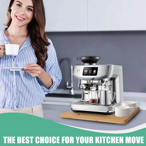 Woman holding a cup next to a Bamboo Sliding Appliance Tray With Slick Glide Rubber Wheels For Coffee Makers And Air Fryers.