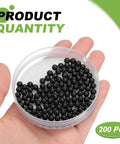 200 Pcs Polypropylene Plastic Bearing Balls 5Mm Solid Mini Spheres G2 in a hand, showing smooth black spheres in a container.