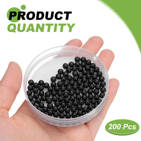 200 Pcs Polypropylene Plastic Bearing Balls 5Mm Solid Mini Spheres G2 in a hand, showing smooth black spheres in a container.