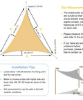 Diagram showing 12 Ft By 12 Ft By 12 Ft Sun Shade Sail Triangle Canopy For Patio Garden And Outdoor Backyard Sand Color Breathable 185GSM HDPE Fabric Blocks UV Rays While Letting Air Flow Easy Setup And Durable Shade Solution with installation and measurement tips.
