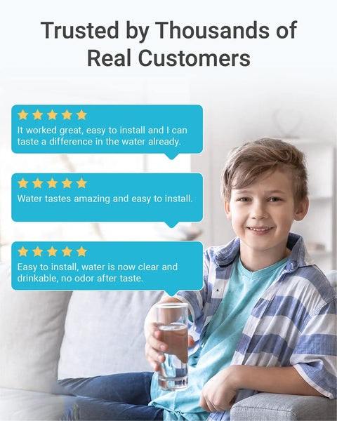 Top Shelf Inline Water Filter For Ice Makers And Fridges Smooth Flow One Quarter Inch Tubing RV Camper Compatible Five Year Lifespan, boy holding water glass with positive reviews.