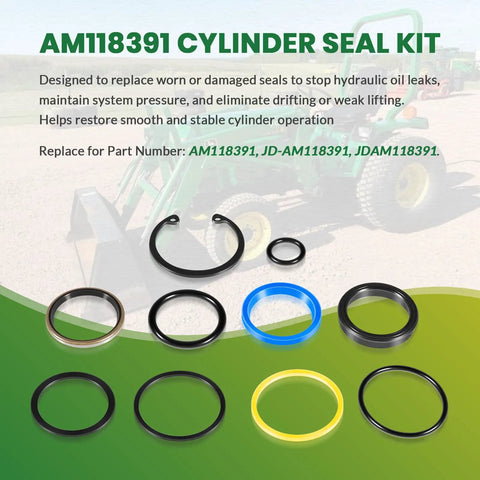 Cylinder Seal Kit For One And A Half Inch Bore Hydraulic Loader Cylinders Fits Loader Models 40 44 60 70 70A Tractor Mounted Front End Loaders Easy Install Replacement Interchange Part Number AM118391, with various O-rings displayed on a colorful background.