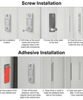 Screw and adhesive installation guide for Super Thin Self Adhesive Magnets To Keep Drawer Closed, showing step-by-step process.