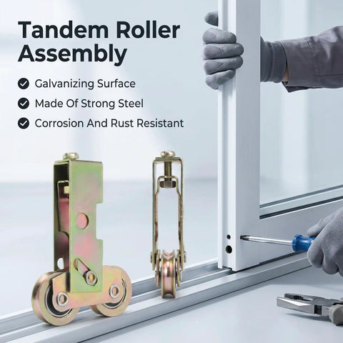 Heavy Duty Two Pack Sliding Patio Door Rollers 1-1/4 Inch Steel Ball Wheels Tandem Roller Kit assembly with strong steel rollers.