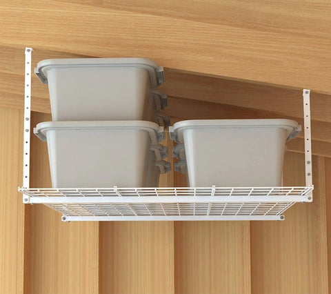 Keep That Garage Floor Clear Heavy Duty Overhead Storage Rack Adjustable Ceiling Mount 45 By 45 Inch Steel Hanging Shelf with stacked bins.