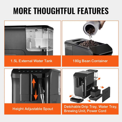 More thoughtful features of Automatic Espresso Machine With Built In Grinder, 20 Bar Pressure, Frother Steam Wand, 15 Grinding Settings