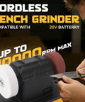 Cordless mini bench grinder with dual wheels, compatible with 20V battery, up to 10000 RPM for tool sharpening.