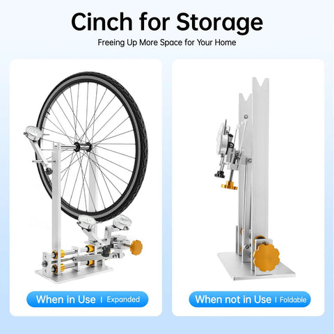Heavy Duty Bicycle Wheel Truing Stand for Folding and Pro Grade Wheel Repair, Fits 10 To 29 Inch Wheels, shown expanded and folded.