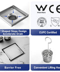Kickass Square Shower Drain Six Inch 304 Stainless Steel Floor Grate with a V-shaped slope design and CUPC certification.