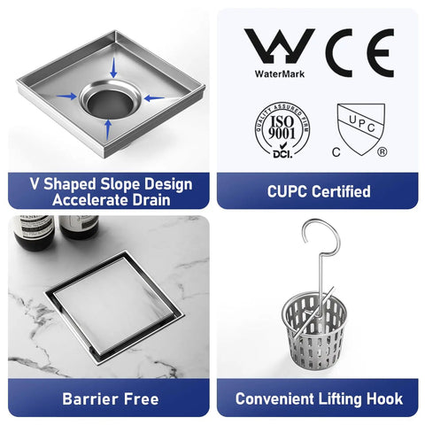 Kickass Square Shower Drain Six Inch 304 Stainless Steel Floor Grate with a V-shaped slope design and CUPC certification.
