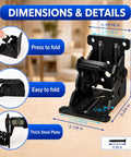 Rock Solid Folding Brackets 8 Pack Heavy Duty Self Locking Hinges With Screws Built Tough Extendable Support Braces For Table Legs Bed Frames And Workbenches Matte Black Finish detailed image showing dimensions and foldable design.
