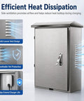 Lockable EV Charger Box Featuring 304 Stainless Steel For All Weather Outdoor Protection And Secure Electric Vehicle Charging With A Knockout Brushed Finish. Side vent design promotes heat dissipation.