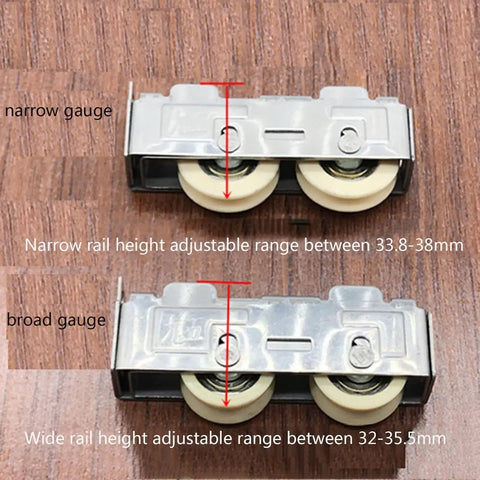 Buttery Smooth Double Wheel Window Roller 802 Style Stainless Steel Frame with Adjustable Nylon Bearing System for Sliding Aluminum Doors and Windows Narrow Gauge Track Heavy Duty Replacement Fix showing rail height adjustments.