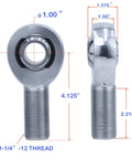 Rock Solid Heavy Duty 1.25 Inch Heim Joint Rod End Kit featuring polished chrome finish and detailed measurements for precision use.