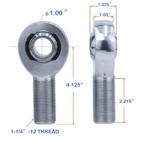 Rock Solid Heavy Duty 1.25 Inch Heim Joint Rod End Kit featuring polished chrome finish and detailed measurements for precision use.